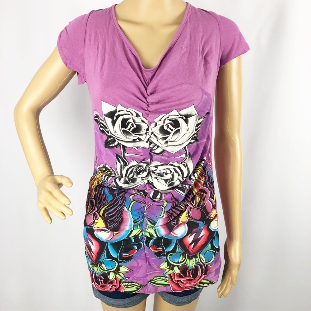 NWT Christian Audigier  Ruched Graphic Top Size M